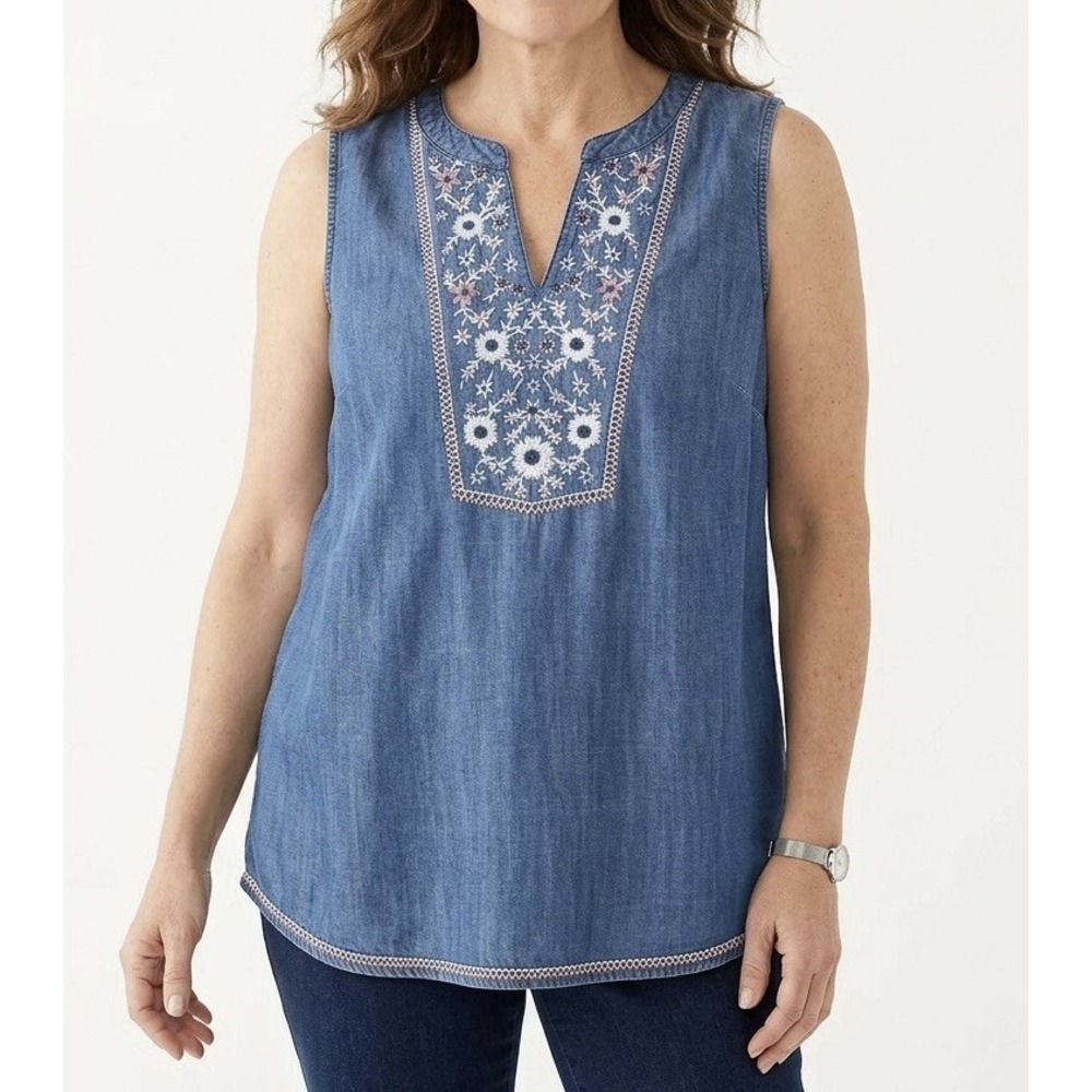 J Jill Denim Chambray Sleeveless Top Women's‎ Size XL Floral Embroidered Boho